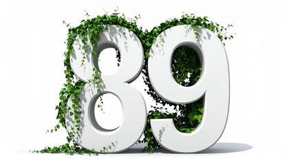 Large white numbers 89 adorned with vibrant green foliage, symbolizing growth, sustainability, and milestones against a clean white backdrop, perfect for eco-friendly designs or anniversaries
