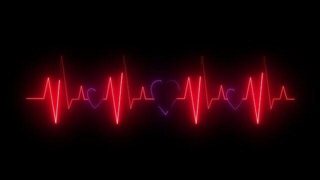 Glowing heartbeat electrocardiogram animated neon ecg line on black background