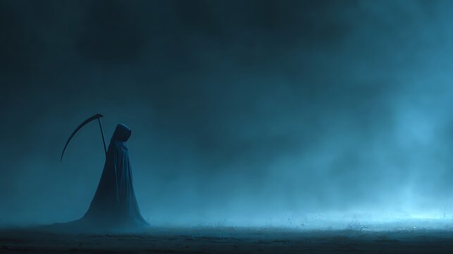 Mysterious hooded figure with scythe in foggy blue landscape. conveying sense of dread and the unk