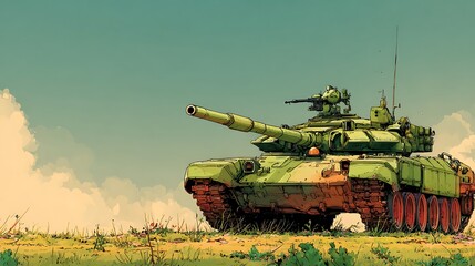 Fototapeta premium Green military tank with mounted machine gun. on a grassy field with dusty sky and clouds. graphic