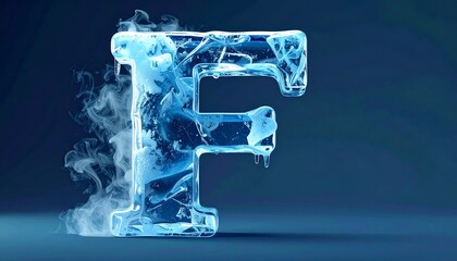 A captivating three-dimensional letter F, exquisitely sculpted from a translucent block of ice, emanating a cool frosty mist