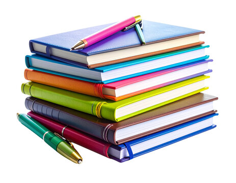 Colorful Notebooks Stack with Pens, Slight Tilt, Isolated