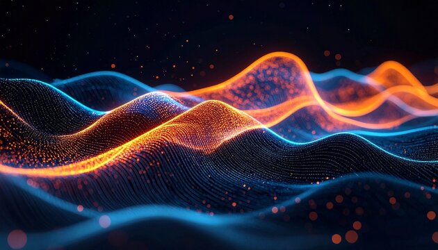 Abstract glowing wave patterns in vibrant orange and blue hues, representing data flow and digital visualization - Powered by Adobe
