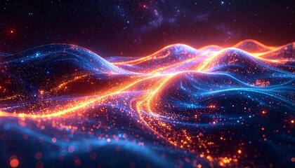 Vibrant streams of glowing particles undulate across an abstract digital landscape, creating dynamic light trails that evoke futuristic energy flows and the mysterious beauty of a cosmic network