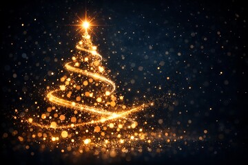 Abstract golden Christmas tree made of glowing light trail and sparkling bokeh on dark festive background