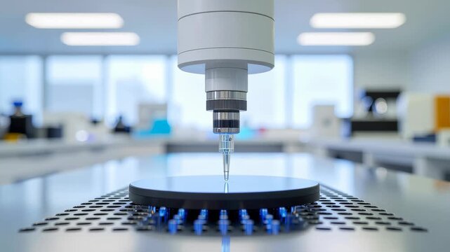 Futuristic biotech laboratory microchip drug discovery research precision science innovation device with automated pipette precision liquid handling microfluidic technology sterile clinical research