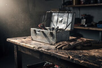 Open vintage metal toolbox with tools and worn leather work glove on rustic wooden bench. Workshop environment for craftsman and mechanic.