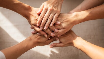 Diverse group of women hands stacked together symbolizing unity, teamwork, and support. Concept of collaboration, partnership, and female empowerment for business and social initiatives.