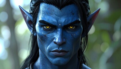 Obraz premium Intense blue-skinned humanoid with pointed ears and piercing golden eyes, captured in a close-up portrait, evoking a sense of mystery and power
