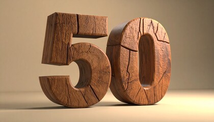 A beautifully rendered 3D number 50, crafted from rustic, textured wood with a warm brown finish, symbolizing a significant milestone, anniversary, or special event