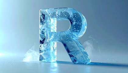 This stylized, three-dimensional letter R is crafted from translucent ice, featuring frosty mist and a cool blue background, ideal for winter designs and fresh concepts