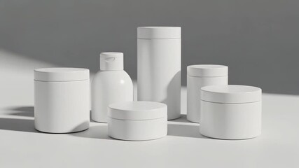 Collection of white cosmetic containers on a white surface with soft shadows
