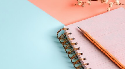 Spiral Notebook with Sparkles and Pencil on Divided Pastel Blue and Peach Background with Delicate Floral Accents Overhead Flat Lay Composition