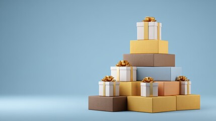 Obraz premium Stacked Gift Boxes in Various Textures and Metallic Hues on a Light Blue Background