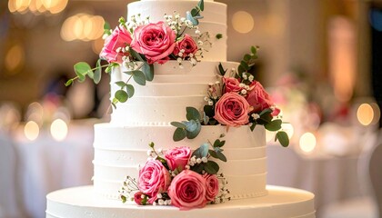 Elegant tiered wedding cake adorned with delicate pink roses and eucalyptus greenery, perfect for a celebratory occasion
