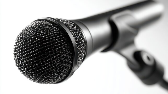 Close Up Shot of Black Dynamic Microphone on Stand Against White Background with Selective Focus and Soft Lighting