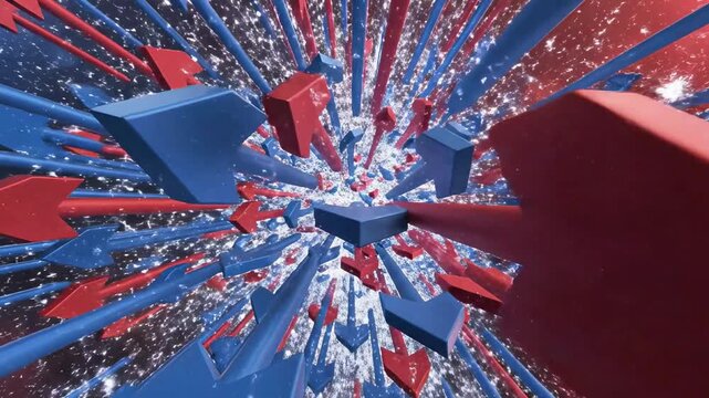 A colorful explosion of red and blue geometric shapes radiating from a central white light