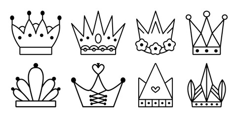 Black line crown icon vector set, monochrome outline signs. Royal cliparts, coronation linear pictograms © O.M-lova