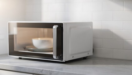 Fototapeta premium White microwave oven with a bowl inside on a kitchen counter in a modern home. Electronic appliance for meal preparation.