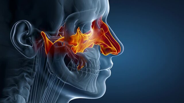 Close Up Of Sinus Cavities Highlighted In Orange With Transparent Human Head