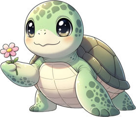 Cute cartoon sea turtle holding a small pink flower.
