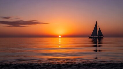 Sailboat on calm sea at sunset.
