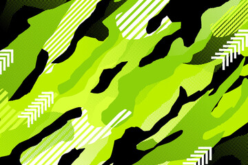 Abstract lime green and black sports background with racing stripes and arrows.