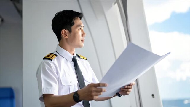 A pilot in uniform looks out a window holding papers, a blue sky visible