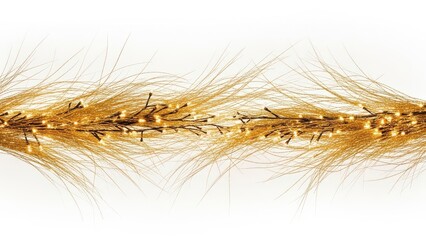 Long gold colored string of lights with a white background