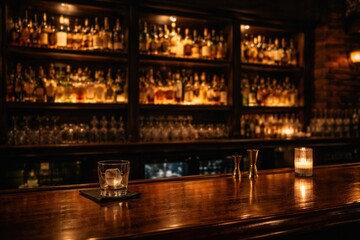 Behind the Bar in a Dimly Lit Setting With Bottles and Glasses Displayed on Shelves During the Evening Hours