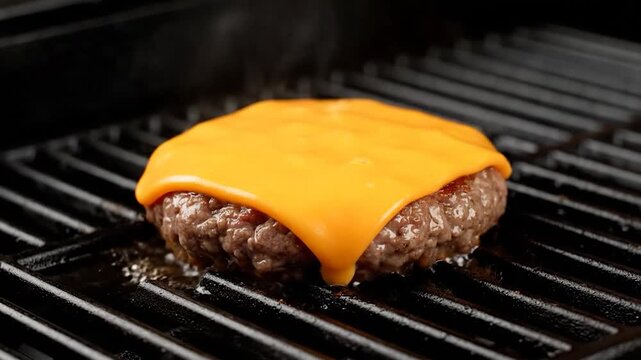 A slice of bright yellow cheese melting on a cooked burger patty on a hot grill