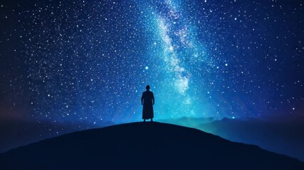 Stargazer's Serenity: A lone figure, silhouetted against a breathtaking canvas of a star-studded night sky, stands in quiet contemplation. Reflecting on the grand scope of the universe.