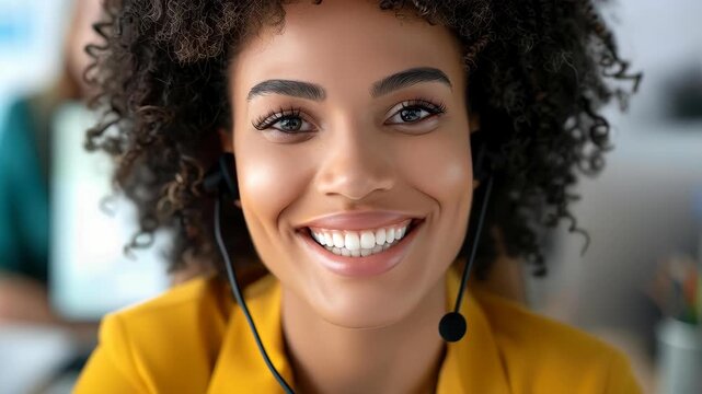 Smiling Customer Support Representative: An engaging portrait captures a customer support representative, radiating warmth and professionalism while wearing a headset.