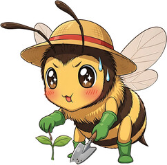 Cute cartoon bee wearing a straw hat and gardening gloves planting a small seedling.