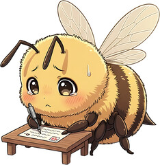 Cute cartoon bee studying at a desk with a pen.