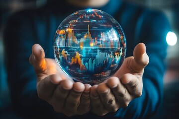 Hands holding crystal ball with glowing financial data