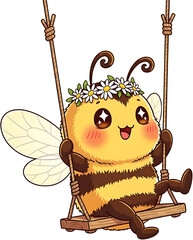 Cute cartoon bee wearing a flower crown swinging happily.