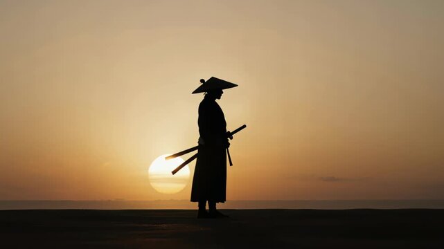 Solitary Sunset Warrior: A silhouette of a samurai stands poised against a vibrant sunset, sword in hand, embodying strength and solitude.  The image evokes the spirit of the warrior.