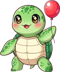 Cute cartoon turtle holding a red balloon with a happy expression.