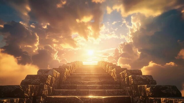 黄金の光に包まれた天空への階段が到達と成長を暗示する情景