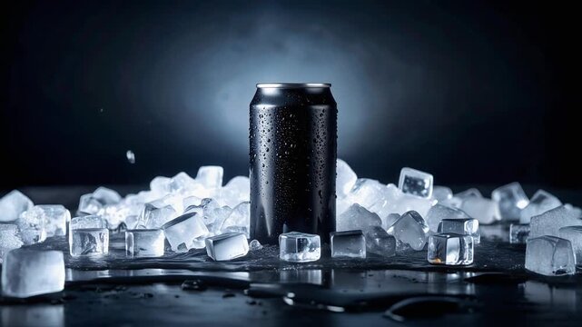 氷に囲まれた黒い缶が冷たさと爽快感を強調する飲料表現