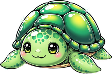 Cute cartoon turtle with big eyes and green shell.