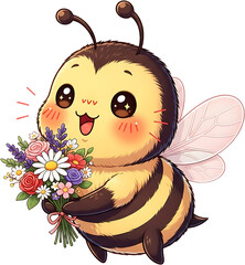 Cute cartoon bee holding a beautiful bouquet of flowers.