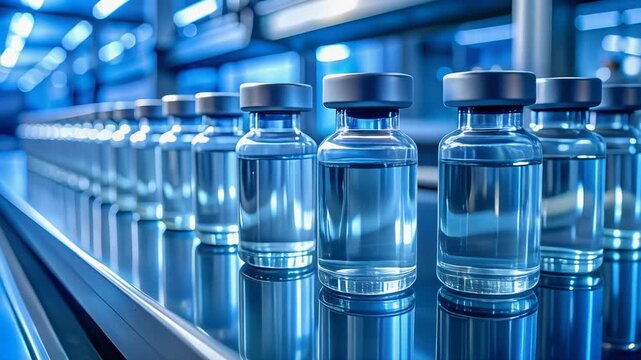 奥行きのある工場通路に瓶が並び量産体制を象徴する表現