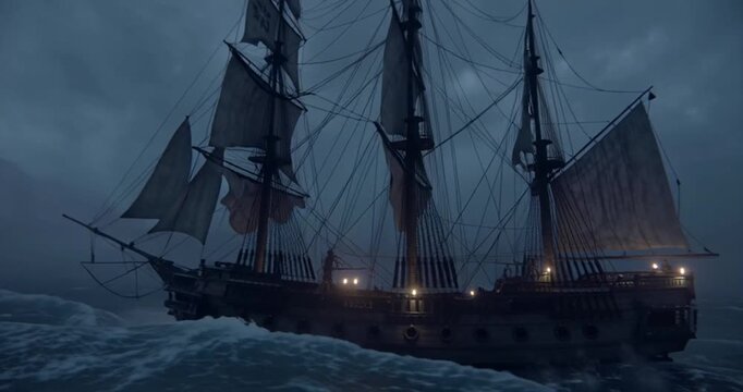 A cinematic silhouette scene featuring a pirate ship sailing through a stormy sea at dusk with dramatic lighting