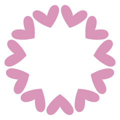 Simple circular frame made of bold purple heart shapes arranged in a clean, modern ring. Minimal and playful design perfect for Valentines Day, love themed graphics, cards, stickers, and invitations