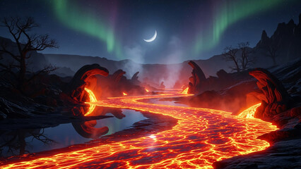 Captivating Night View of a Fiery Lava River Flowing Through Rugged Terrain, Bathed in the Ethereal Glow of the Aurora Borealis and a Crescent Moon