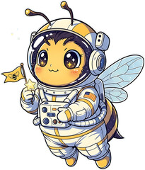 Cute cartoon bee astronaut holding a flag and star.