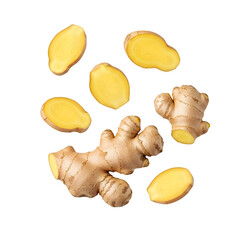 Flying fresh ginger root with falling slices, levitation concept,, isolated on white or transparent background, PNG Format.