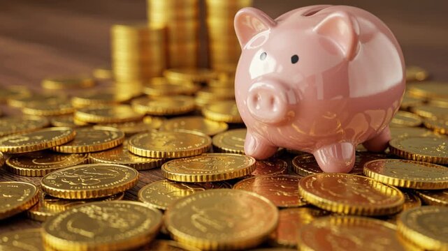 Piggy Bank Amidst Golden Coins: A cheerful piggy bank sits amidst a rich bed of golden coins, symbolizing financial growth and prudent savings for the future.